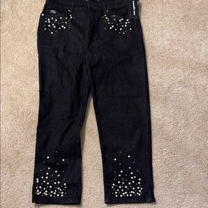 NWT Karl Lagerfeld Black Straight Cropped jeans w Pearl Embellishments Size 16